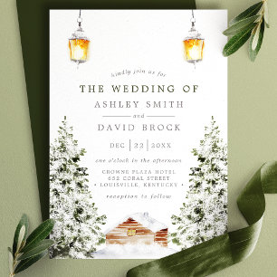 Winterliche rustikale Hütte Schnee Kiefer Hochzeit Einladung