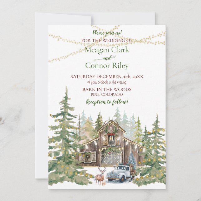 Winterliche rustikale Scheune im Wald Hochzeitsein Einladung (Vorderseite)