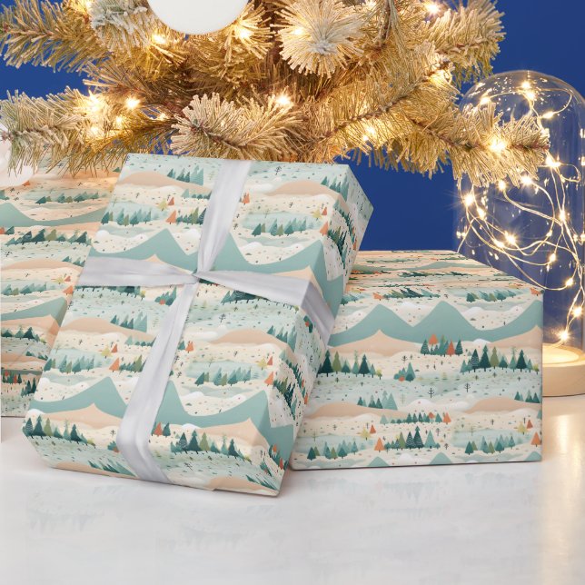 Winterliche Szene Bäume Berge Schnee Geschenkpapier (Feiertage)