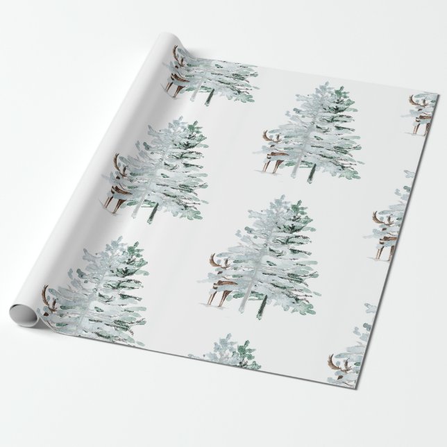 Winterliche Wald Bäume & Hirsche Geschenkpapier (Ungerollt)