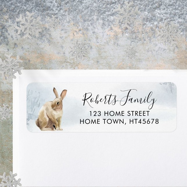 Winterliche Waldszene Hase Kaninchen (Winter Woodland Scene Rabbit Hare Label)