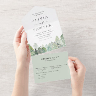 Winterliche Wasserfarben-Evergreen-Wald-Hochzeit All In One Einladung
