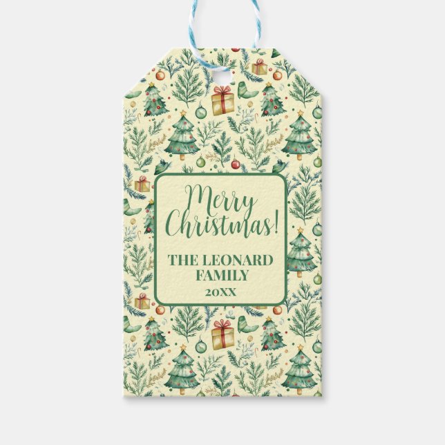 Winterliche Weihnachtsbäume, Geschenke und Ornamen Geschenkanhänger (Vorderseite)
