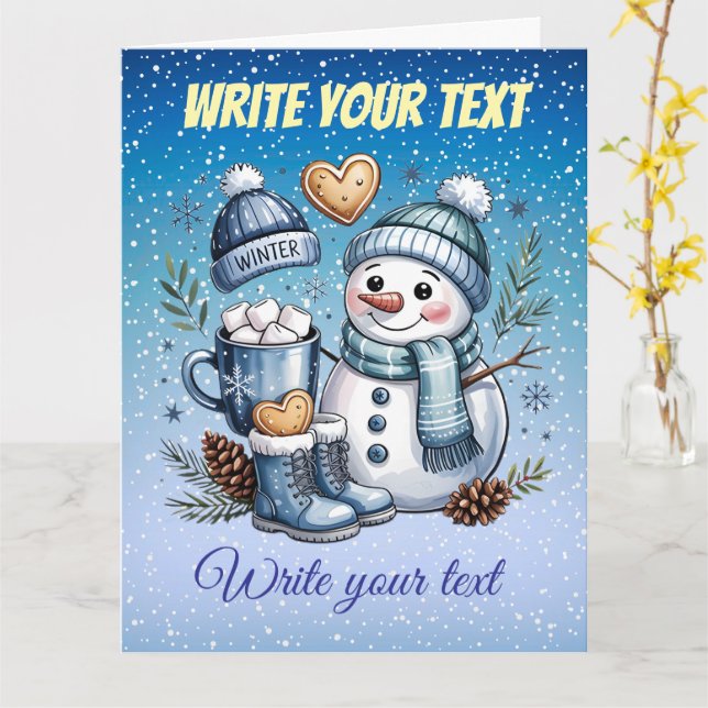 Winterlicher gemütlicher Schneemann Karte (Gelbe Blume)