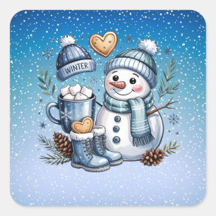 Winterlicher gemütlicher Schneemann Quadratischer Aufkleber