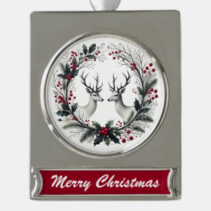 Winterlicher Hirschkranz – Eleganter Weihnachtssch Banner-Ornament Silber