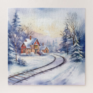 Winterlicher Schneebahnhof und Gleise