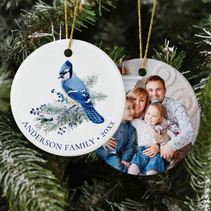 Winterliches Blauhäher-Familienfoto Weihnachten Keramik Ornament