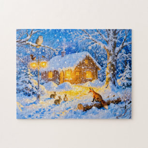 Winterliches Waldhäuschen mit Waldtieren