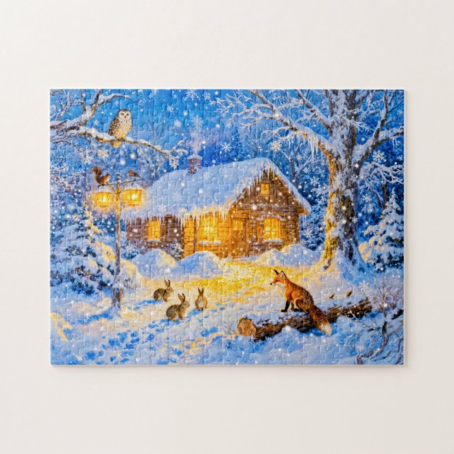 Winterliches Waldhäuschen mit Waldtieren (Horizontal)