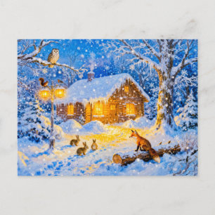 Winterliches Waldhäuschen mit Waldtieren Postkarte