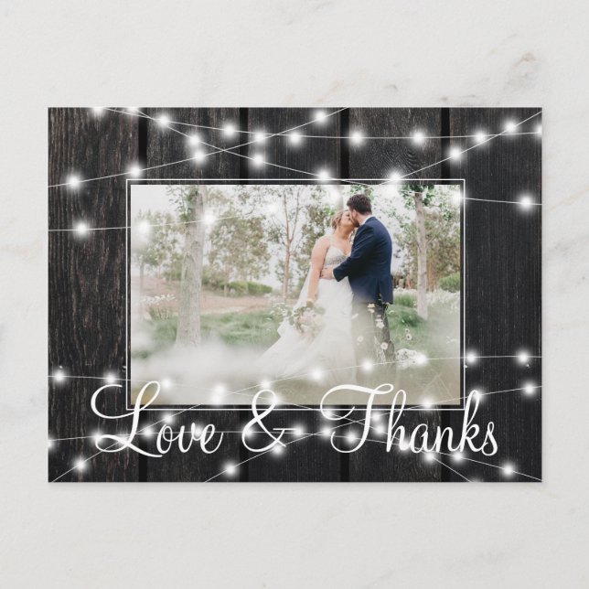 Winterlichter Stallholz Foto Hochzeit danke Ankündigungspostkarte (Vorderseite)