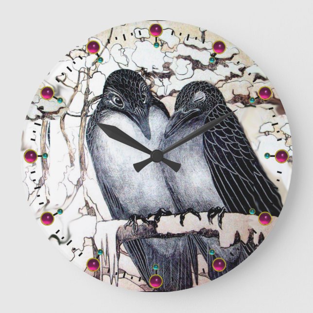 WINTERLIEBE VÖGEL IM SCHNEE Schwarz-Weiß Zeichnend Große Wanduhr (Vorderseite)