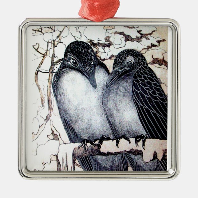 WINTERLIEBE VÖGEL IM SCHNEE Schwarz-Weiß Zeichnend Silbernes Ornament (Vorne)