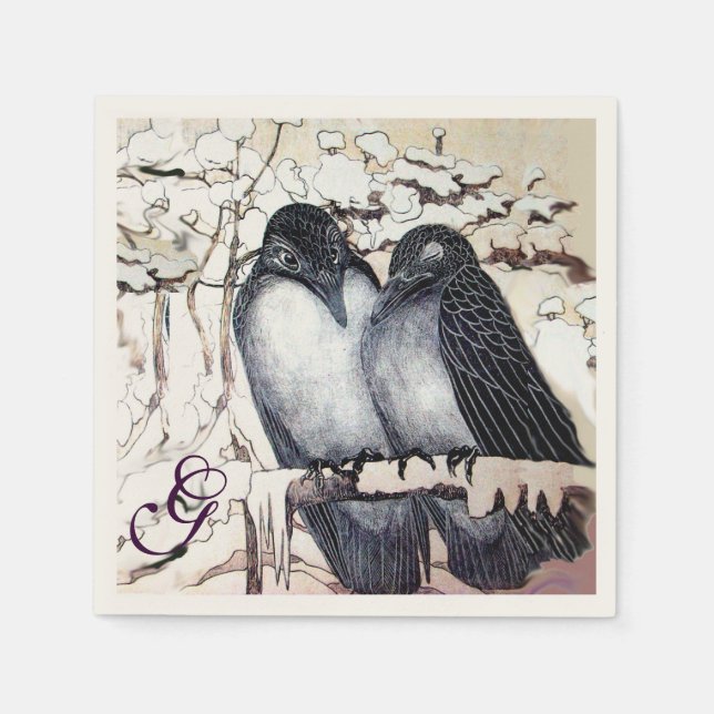 WINTERLIEBE VÖGEL IM SCHNEEMONOGRAM Schwarz-weiß Serviette (Vorderseite)