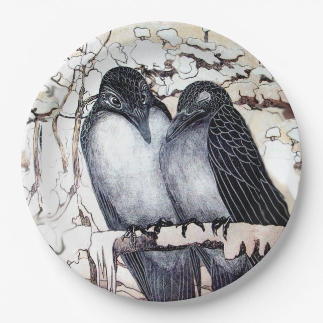 WINTERLIEBE VÖGEL IN SCHNEEPAPIERPLATTE PAPPTELLER (Vorderseite)
