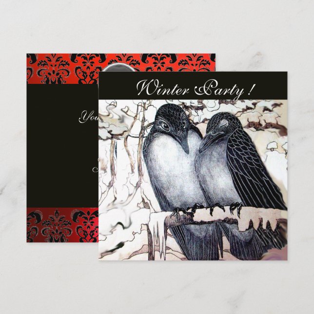 WINTERLIEBE VÖGEL SCHWARZ-WEISSES ROTES DAMASK-MON EINLADUNG (Vorne/Hinten)