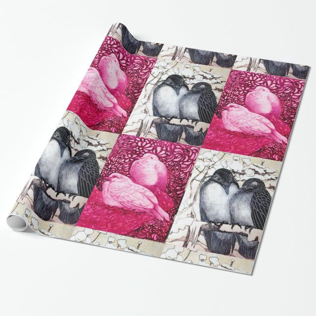 WINTERLIEBE VÖGEL UND WEISSE DOVEN IN PINK FUCHSIA GESCHENKPAPIER (Ungerollt)
