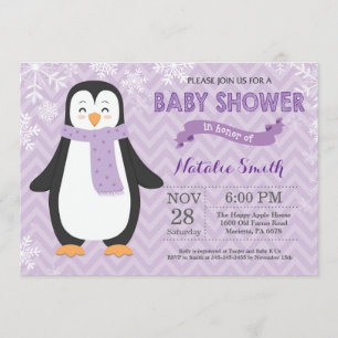 Winterlila Penguin-Mädchen-Baby-Duschen-Einladung Einladung