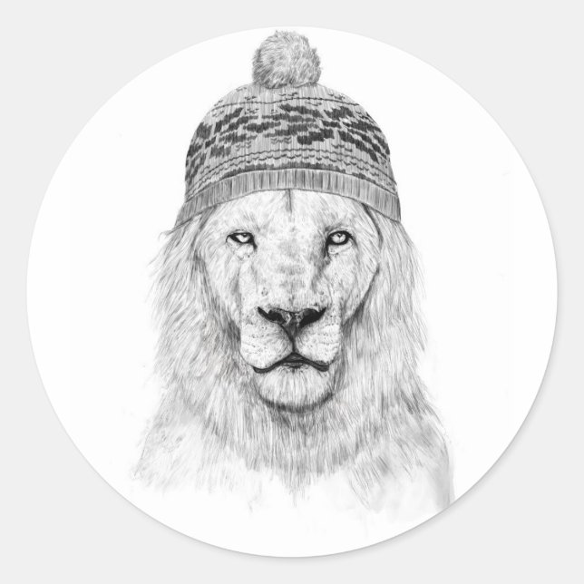 Winterlion (bw. runder aufkleber (Vorderseite)