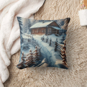 Winterlogmelkabine an einem schneebedeckten Weihna Kissen