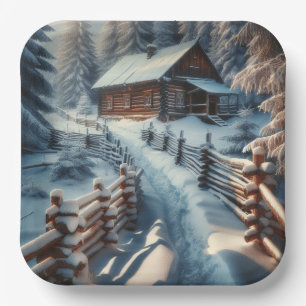 Winterlogmelkabine an einem schneebedeckten Weihna Pappteller