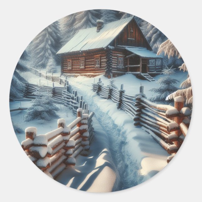 Winterlogmelkabine an einem schneebedeckten Weihna Runder Aufkleber (Vorderseite)