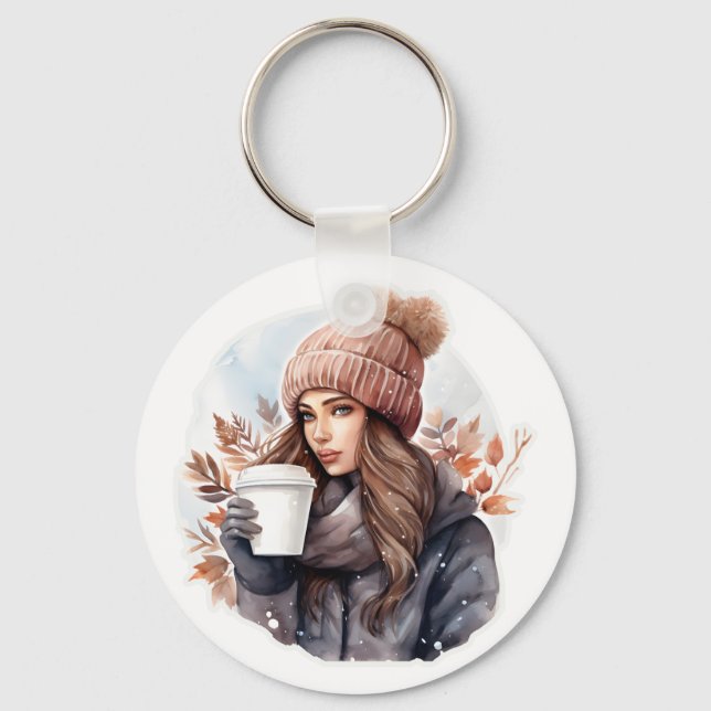 Wintermädchen in Aquarellform mit Kaffee Schlüsselanhänger (Vorderseite)