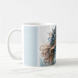 Wintermädchen mit Vogel im blauen Blumenmantel Kaffeetasse