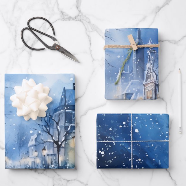 Wintermärchen Schneehäuser Scene Blue und White Geschenkpapier Set (Vorderseite)