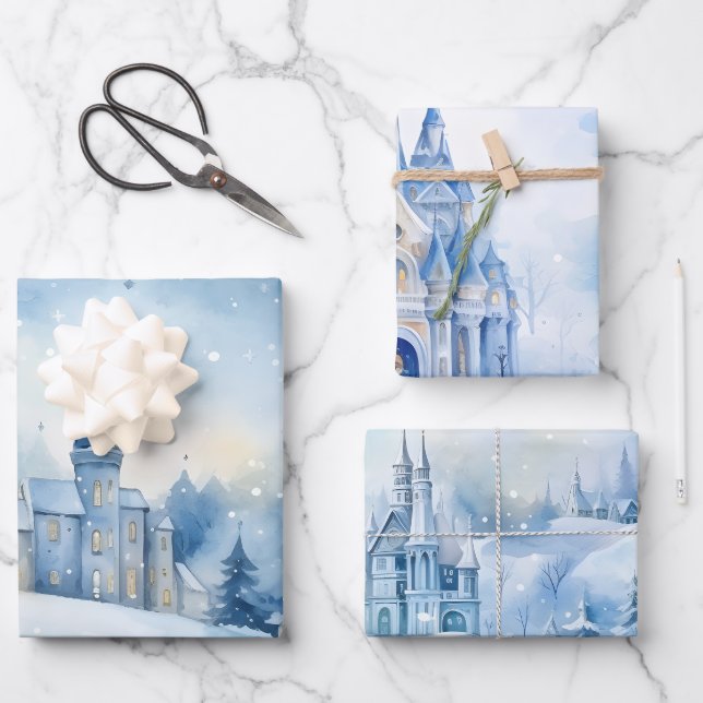 Wintermärchen Schneehäuser Scene Blue und White Geschenkpapier Set (Vorderseite)