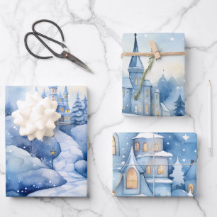 Wintermärchen Schneeschuhschmuck Szene Blau und We Geschenkpapier Set