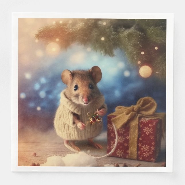 Wintermäuse schmücken den Weihnachtsbaum Napkins Serviette (Vorderseite)