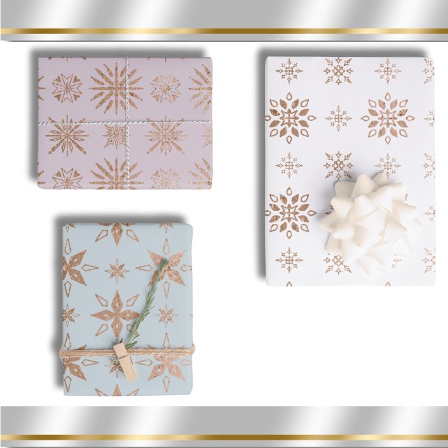 Wintermuster Snowflake Moderne Elegante Rose Gold Geschenkpapier Set (Snowflakes Pattern Winter or Christmas Watercolor Wrapping Paper Sheets)