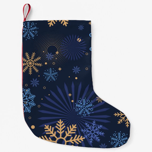 Winternacht: Blaues Schneeflockenmuster. Kleiner Weihnachtsstrumpf (Vorderseite)