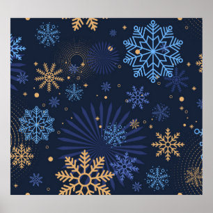 Winternacht: Blaues Schneeflockenmuster. Poster