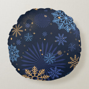 Winternacht: Blaues Schneeflockenmuster. Rundes Kissen