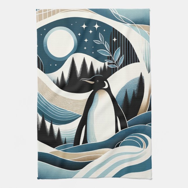Winternacht im Blaue Creme-Pinguinwald Geschirrtuch (Vertikal)