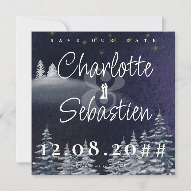 Winternacht & Pine Tree Moderne Hochzeit im Wasser Save The Date (Vorderseite)