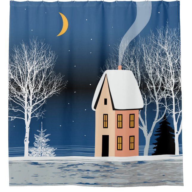 Winternachtslandschaft. Gemütliches Haus, verschie Duschvorhang (Vorderseite)
