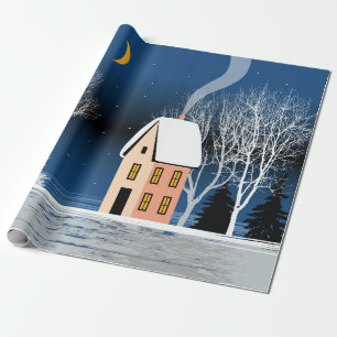 Winternachtslandschaft. Gemütliches Haus, verschie Geschenkpapier