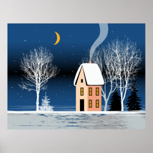 Winternachtslandschaft. Gemütliches Haus, verschie Poster