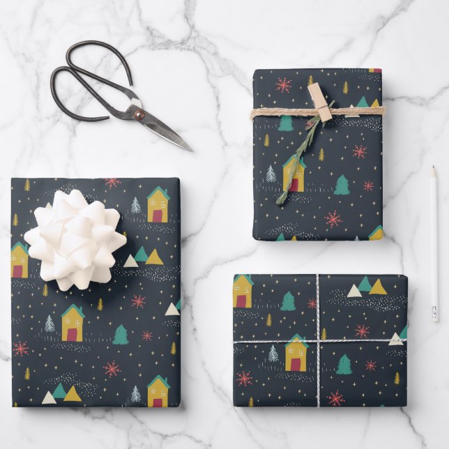 Winternachtsschneeflocken landen auf kleinen Häuse Geschenkpapier Set (Vorderseite)