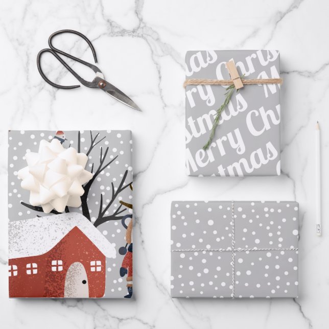 Winterpanda, frohe Weihnachten und Schneeflocken Geschenkpapier Set (Vorderseite)