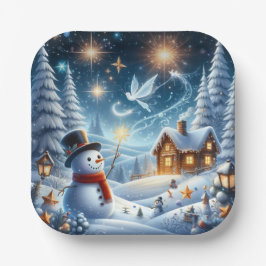 Winterpapierplatte Snowman Hütte Pappteller