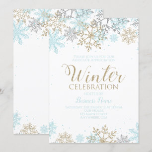 Winterparty Blau Gold Schneeflocken Einladung