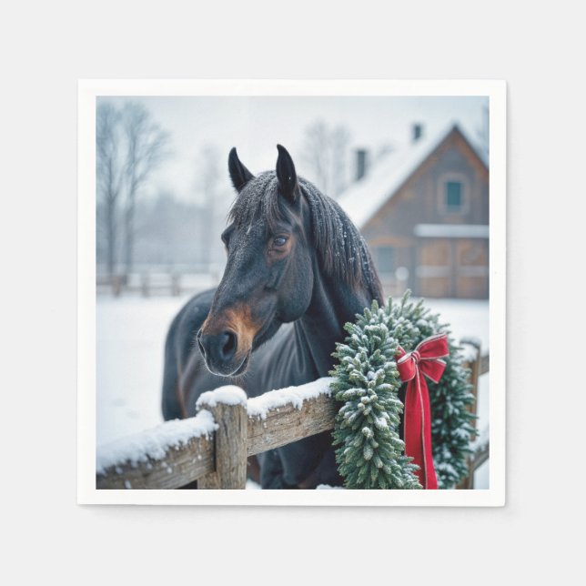 Winterpferd mit Weihnachtskranz Serviette (Vorderseite)