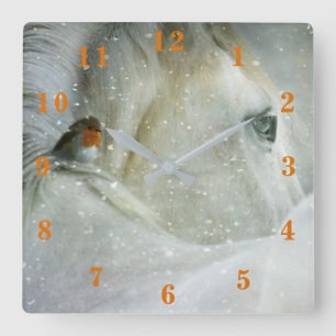 Winterpferd und Robin Quadratische Wanduhr