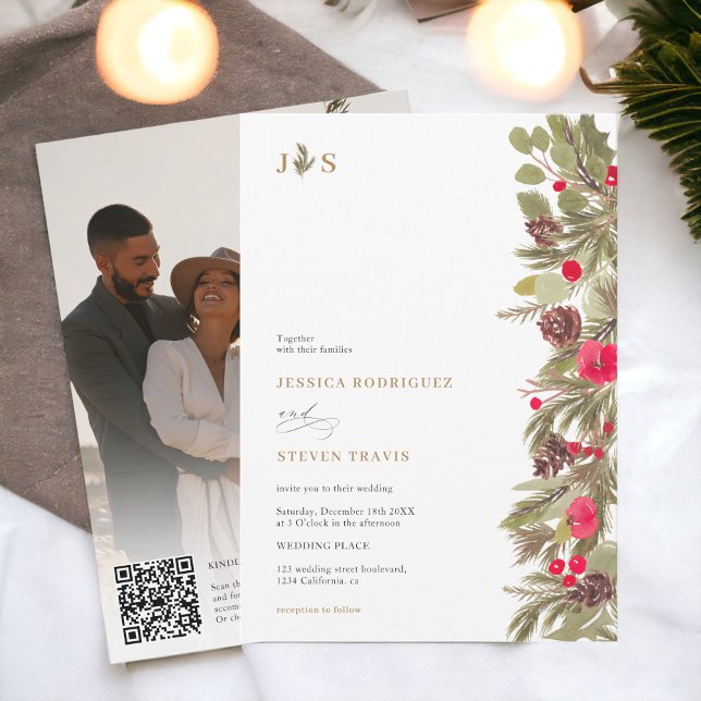 Winterpine Elegantes Foto Qr Code Hochzeit Einladung (Winter pine elegance initial photo Qr code Wedding Invitation)