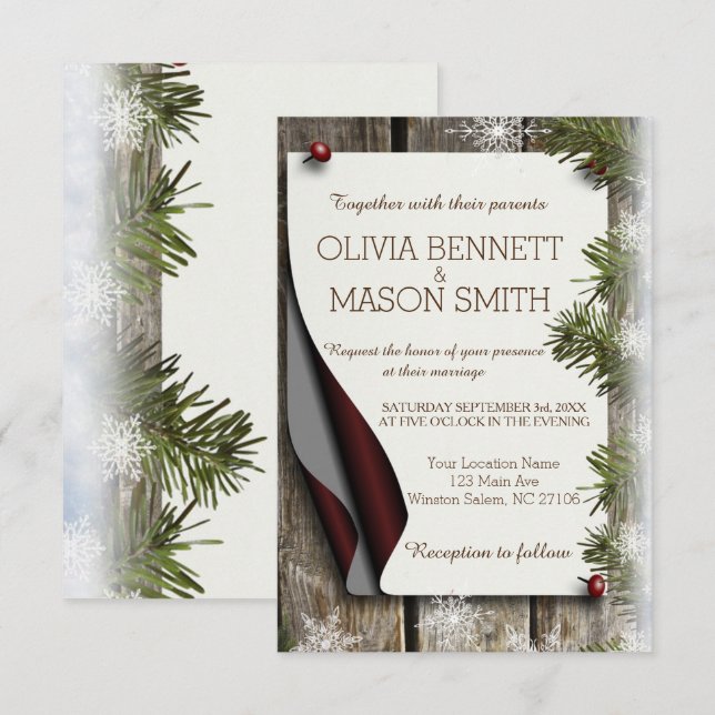Winterpine und Schneeflocken Hochzeitskarte Einladung (Vorne/Hinten)